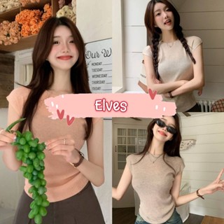 Elves✨พร้อมส่ง✨  เสื้อไหมพรมแขนสั้น ผ้าร่องตรง ผูกด้านหลัง ~5K60~ -C