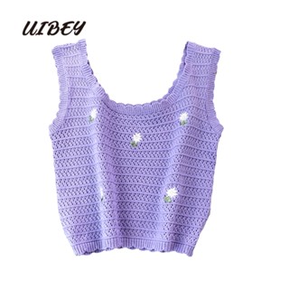 Uibey เสื้อกั๊กถัก ปักลายดอกไม้ ทรงหลวม 7159