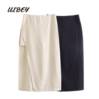 Uibey กระโปรงยาวครึ่งตัว เอวสูง สีพื้น แฟชั่นสตรี 7793