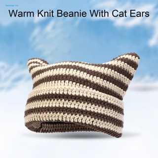 Be หมวกบีนนี่ ผ้าวูลถัก แต่งหูแมว ลายทาง น้ําหนักเบา ให้ความอบอุ่น เหมาะกับหน้าหนาว แฟชั่นฤดูหนาว สําหรับกลางแจ้ง