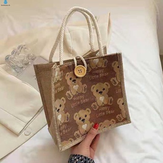 กระเป๋าถือ ผ้าแคนวาส ลายหมี ใช้ซ้ําได้ สําหรับใส่กล่องอาหารกลางวัน มีหูหิ้ว