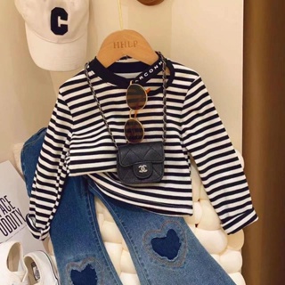 Girls spring and autumn 2023 new letter hollowed-out collar striped T-shirt T-shirt