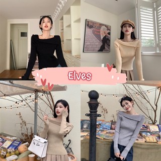 Elves✨พร้อมส่ง✨ เสื้อไหมพรมคอกว้าง แขนยาวผ้าร่อง ~CY3339~ -C