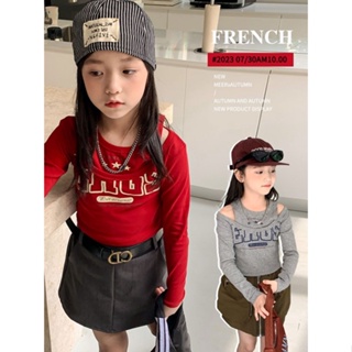 Girls long-sleeved t-shirt 2023 fall style New Middle School Chao Cool American T-shirt Childrens vintage short T-shirt