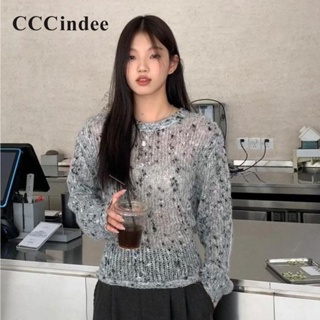 Cccindee ใหม่ เสื้อกันหนาวลําลอง แขนยาว คอกลม ทรงสลิมฟิต ฉลุลาย สีตัดกัน แฟชั่นสําหรับสตรี 2023
