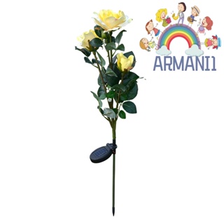 [armani1.th] โคมไฟ Led 3 ดวง พลังงานแสงอาทิตย์ รูปดอกกุหลาบ สีเหลือง สําหรับตกแต่งสวนสนามหญ้า