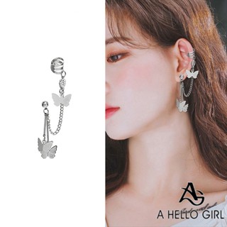 A HELLO GIRL แฟชั่นเกาหลี ผีเสื้อ จี้ ต่างหูโซ่ สําหรับผู้หญิง โลหะผสม พู่ เพทาย หู คลิป ปาร์ตี้ ของขวัญ 1 ชิ้น
