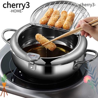 Cherry3 หม้อทอดไร้น้ํามัน สเตนเลส 304 20/24 ซม. ทนทาน พร้อมฝาปิด และเทอร์โมมิเตอร์ สําหรับห้องครัว บ้าน