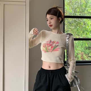 เสื้อถักนิตติ้ง เอวสูง ลายดอกทิวลิป แบบโปร่ง สําหรับผู้หญิง