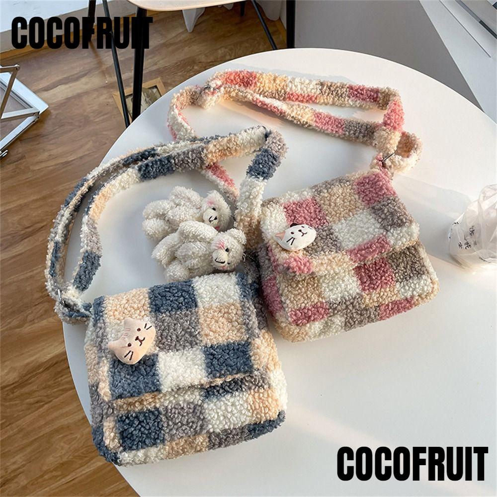 cocofruit-กระเป๋าสะพายไหล่-ผ้ากํามะหยี่ขนนิ่ม-ลายสก๊อตน่ารัก-สําหรับเด็กผู้หญิง