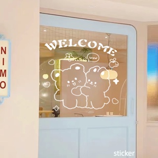 Welcome สติกเกอร์ติดผนัง ลายการ์ตูนหมีกอด น่ารัก สําหรับร้านกาแฟ ประตูกระจก