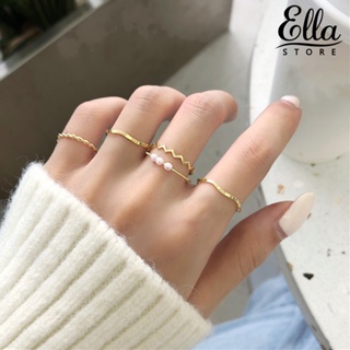 Ellastore123 แหวนชุบไฟฟ้า ประดับไข่มุกเทียม สไตล์เกาหลี ญี่ปุ่น วางซ้อนกันได้ สําหรับงานแต่งงาน งานพรอม งานเลี้ยง 5 ชิ้น