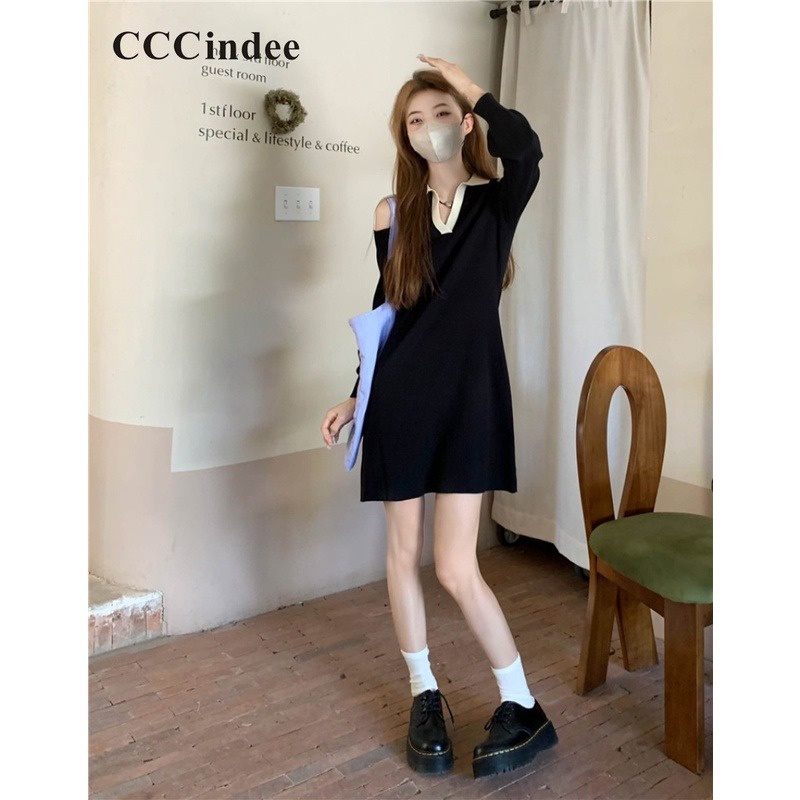 cccindee-ใหม่-ชุดเดรสลําลอง-แขนยาว-คอปกโปโล-เข้ารูป-สีตัดกัน-แฟชั่นสําหรับสตรี-2023