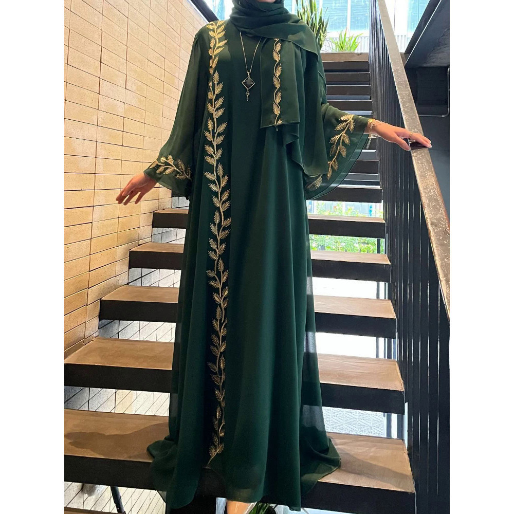 Eid Muslim Abaya for Women Embroidery Dress with Scarf 2 Piece Set ...