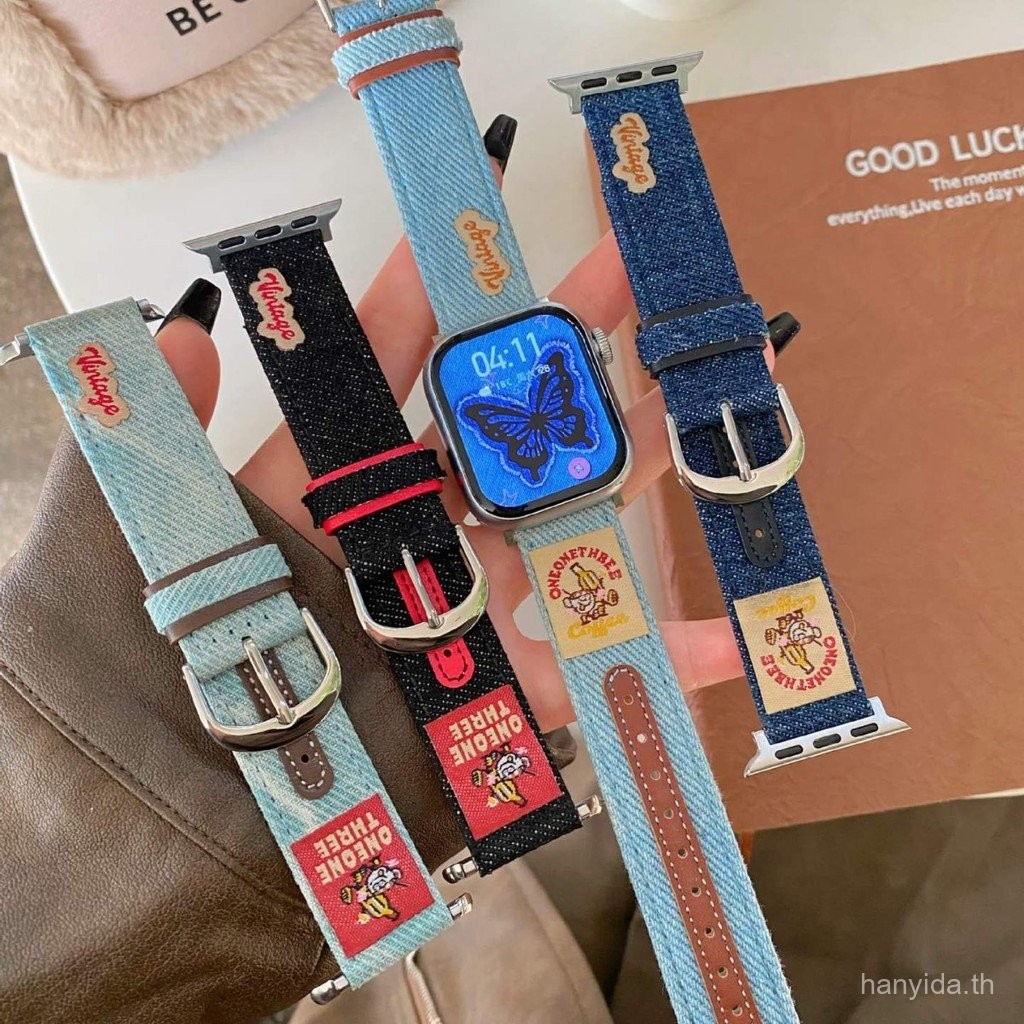 สายหนังยีนส์ลายการ์ตูนสำหรับ Apple Watch รุ่น Iwatch10 987654 อัลตร้า ...