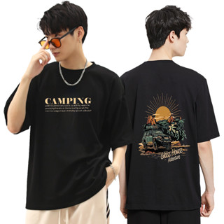 Flash Saleตั้งแคมป์ สีดำ เสื้อยืด ลดมากกว่า 50% ขนาดใหญ่พิเศษ ชายและหญิง 100% ผ้าฝ้ายแท