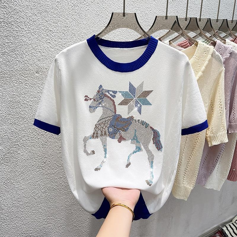 เสื้อยืดแขนสั้น เวอร์ชั่นเกาหลีผู้หญิงผ้าไหมน้ําแข็งถักเสื้อ จุดต่ําสุด ...