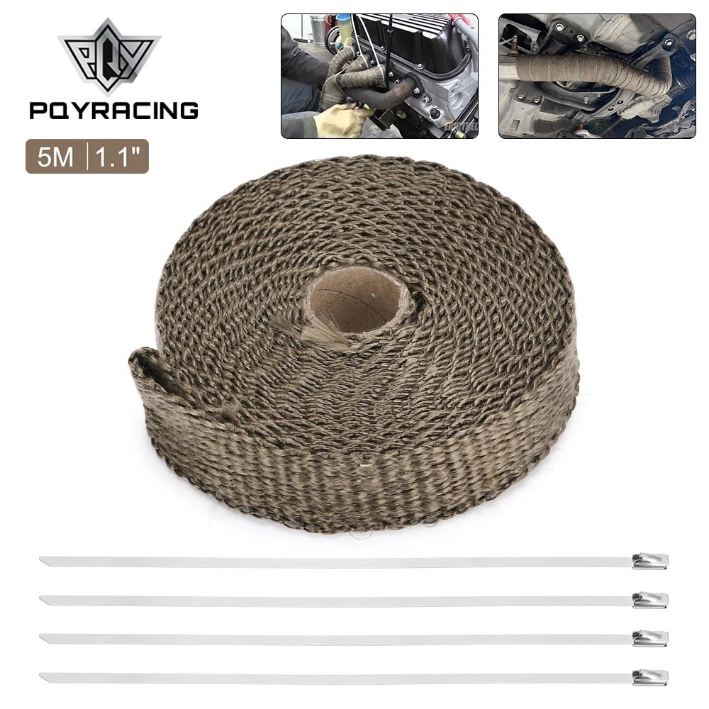 Precision Auto Labs Fiberglass Exhaust Header Heat Wrap Tape - 2 Rolls 5M Each (16ft) Titanium + 5 Ties