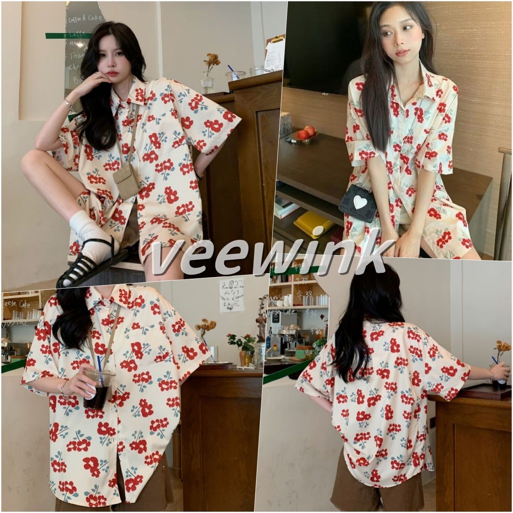 Veewink เสื้อเชิ้ตฮาวายผู้หญิง เสื้อลายดอก ดอกไม้สีแดง แขนสั้น แดง ลายดอกไม้เก๋ไก๋ใส่แล้วดูดีไม่ซ้ำใคร