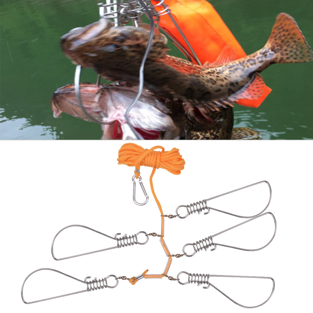 Fishi สแตนเลสสตีล Heavy Duty ตกปลาจับ Stringer 5 ล็อค Snaps เชือกไนลอน ...