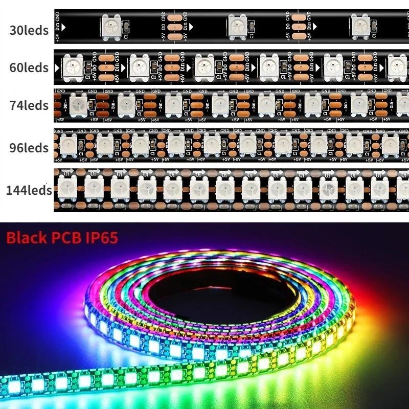 แถบไฟ Led DC5V WS2812B 30 60 74 96 144 RGB พิกเซล สีดํา ขาว PCB IP30 65 ...
