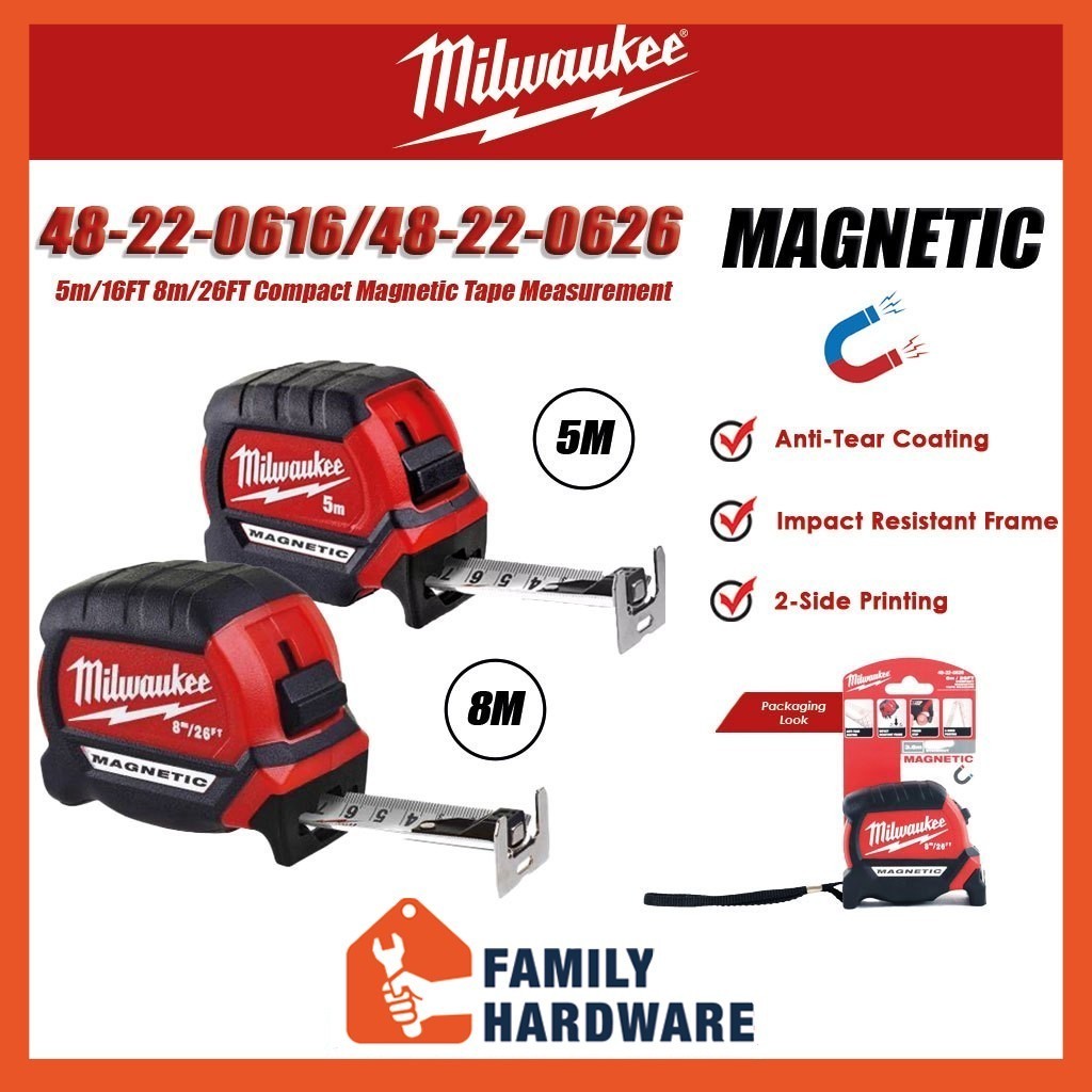 Milwaukee 48-22-02616 8m 26ft 5m 16ft Compact Magnetic Tape วัดเทปวัด 