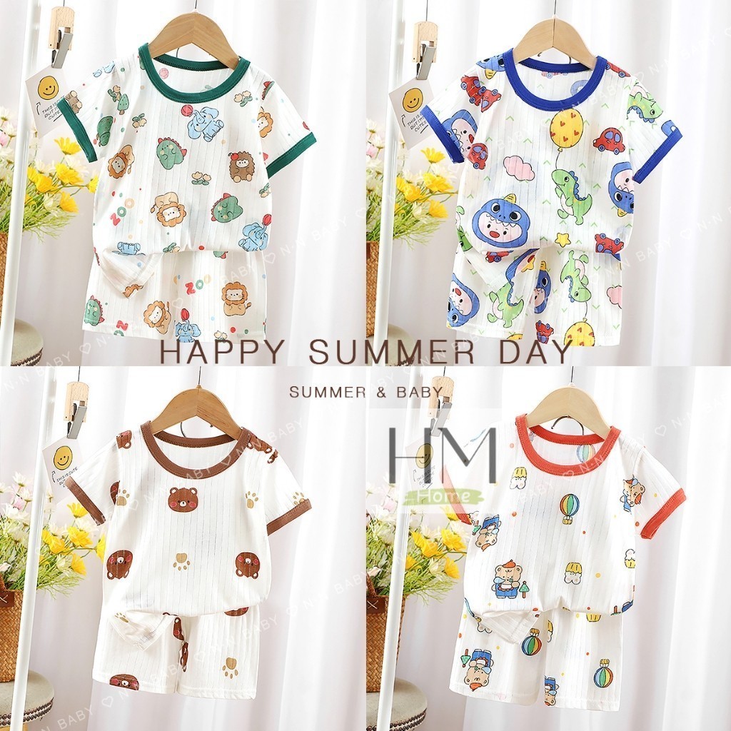 ใหม่ ชุดนอนผ้าใยไผ่ เสื้อผ้าเด็ก Set 2 ชิ้น ชุดนอนเด็ก เนื้อผ้าบางเบา ...