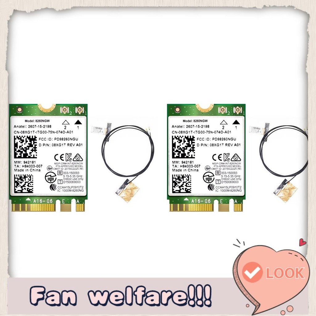 Carte WiFi Intel AC8260 NGFF M.2 Avec 2 Antennes - Double Bande 2.4G/5Ghz, Bluetooth 4.2, Jusqu'à 867 Mbps - 6