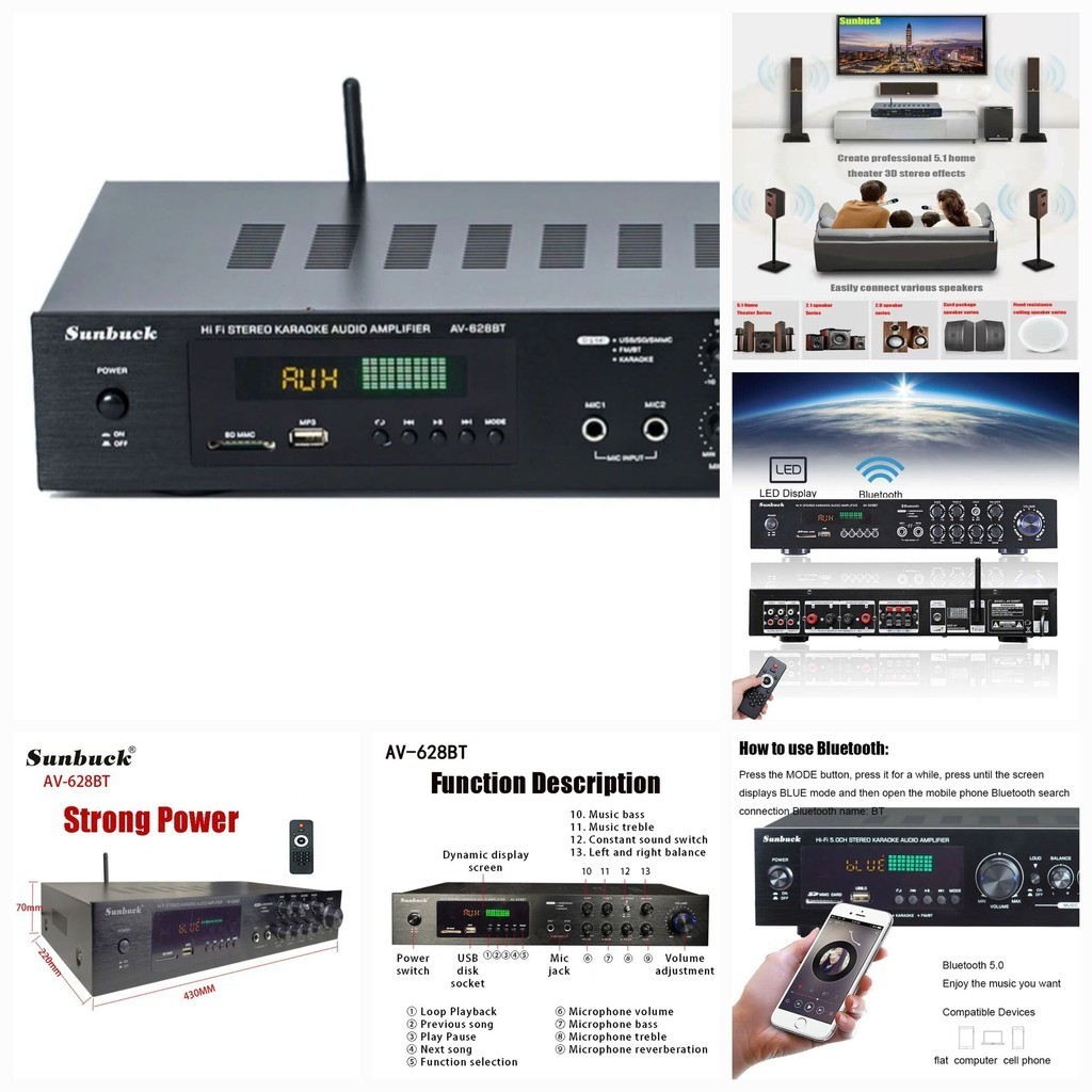 Sunbuck AV-628BT เครื่องขยายเสียงบลูทูธ 5 ช่องโฮมเธียเตอร์ KTV รีโมท ...