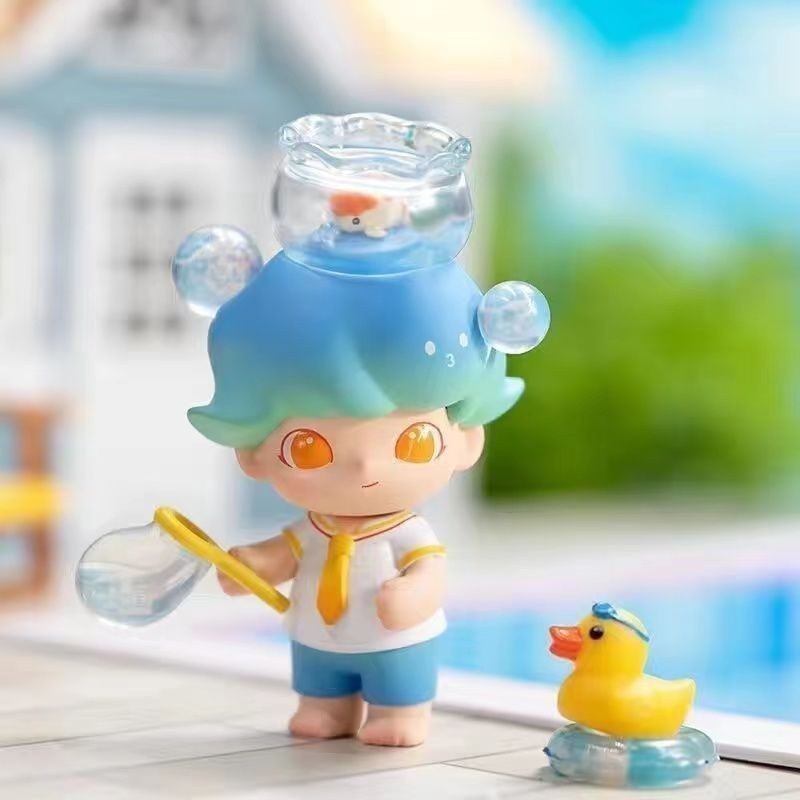 P POPMART คุณภาพสูง Dimoo Pet Vacation Series Mystery Box รูปเดสก์