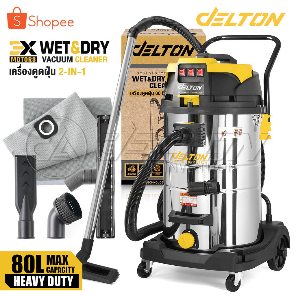 DELTON 80L Wet & Dry Vacuum Cleaner WDC-80L with 3 Motors 3,600W Stainless Steel Tank