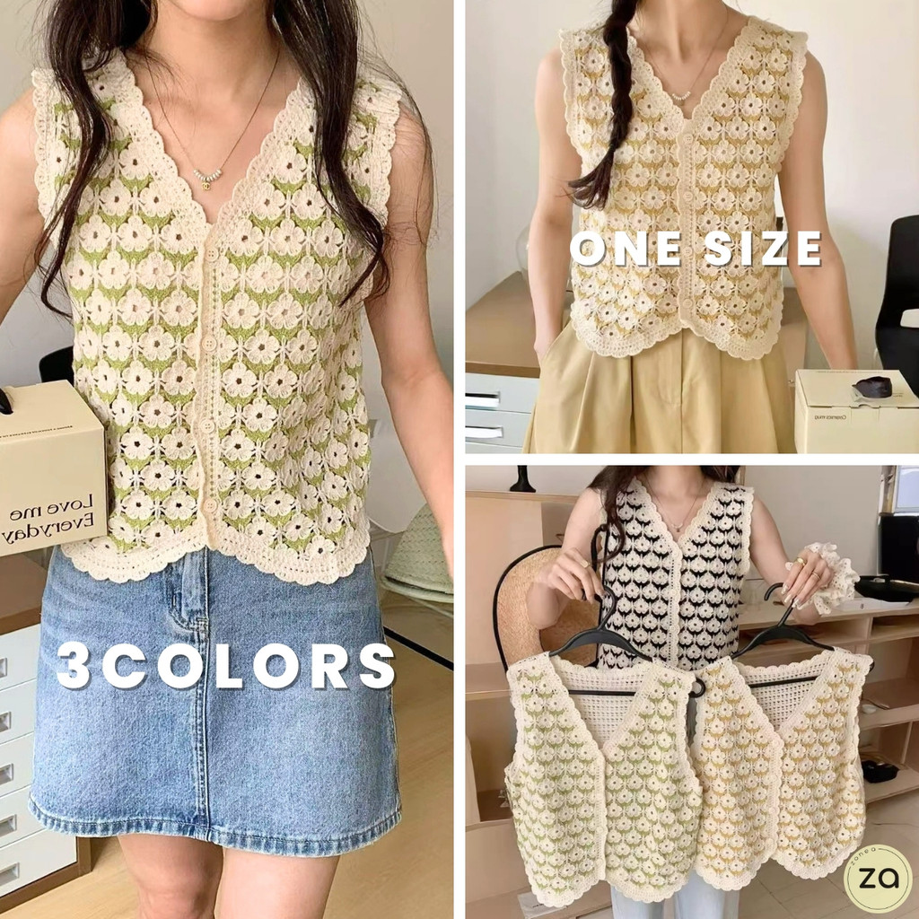💥HOT SALE💥เสื้อกั๊ก ไหมพรมถักโครเชต์ คอวีกระดุมหน้า ลายดอกไม้เรียงชั้น ...