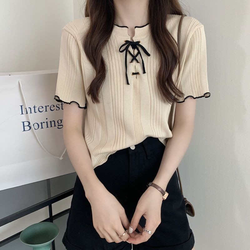 2024 สไตล์ใหม่บางผ้าไหมน้ําแข็งเสื้อถักผู้หญิงแขนสั้นออกแบบ ซอก สั้น ...