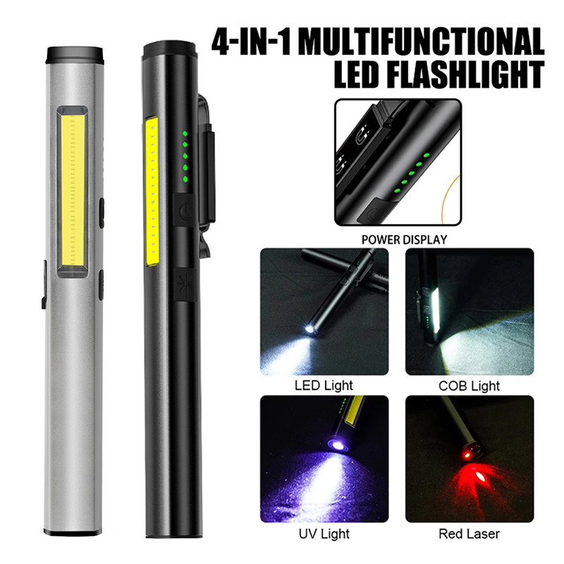 4 in 1 LED flashlight rechargeable (UV/COB/red laser), super bright ...