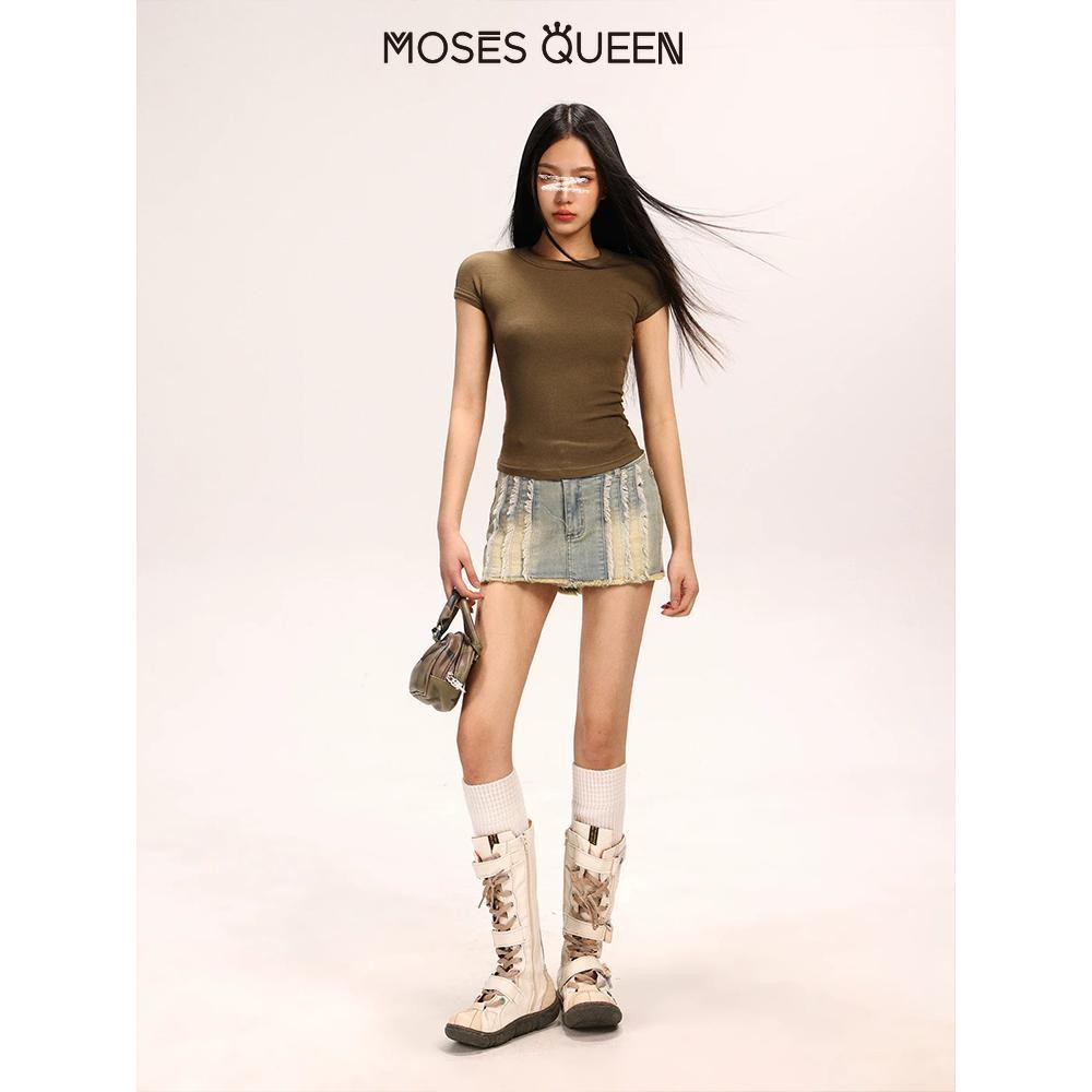 Moses Queen American Retro สีทึบรอบคอไหล่แขนสั้นเสื้อยืดหญิง 2025 ฤดู ...