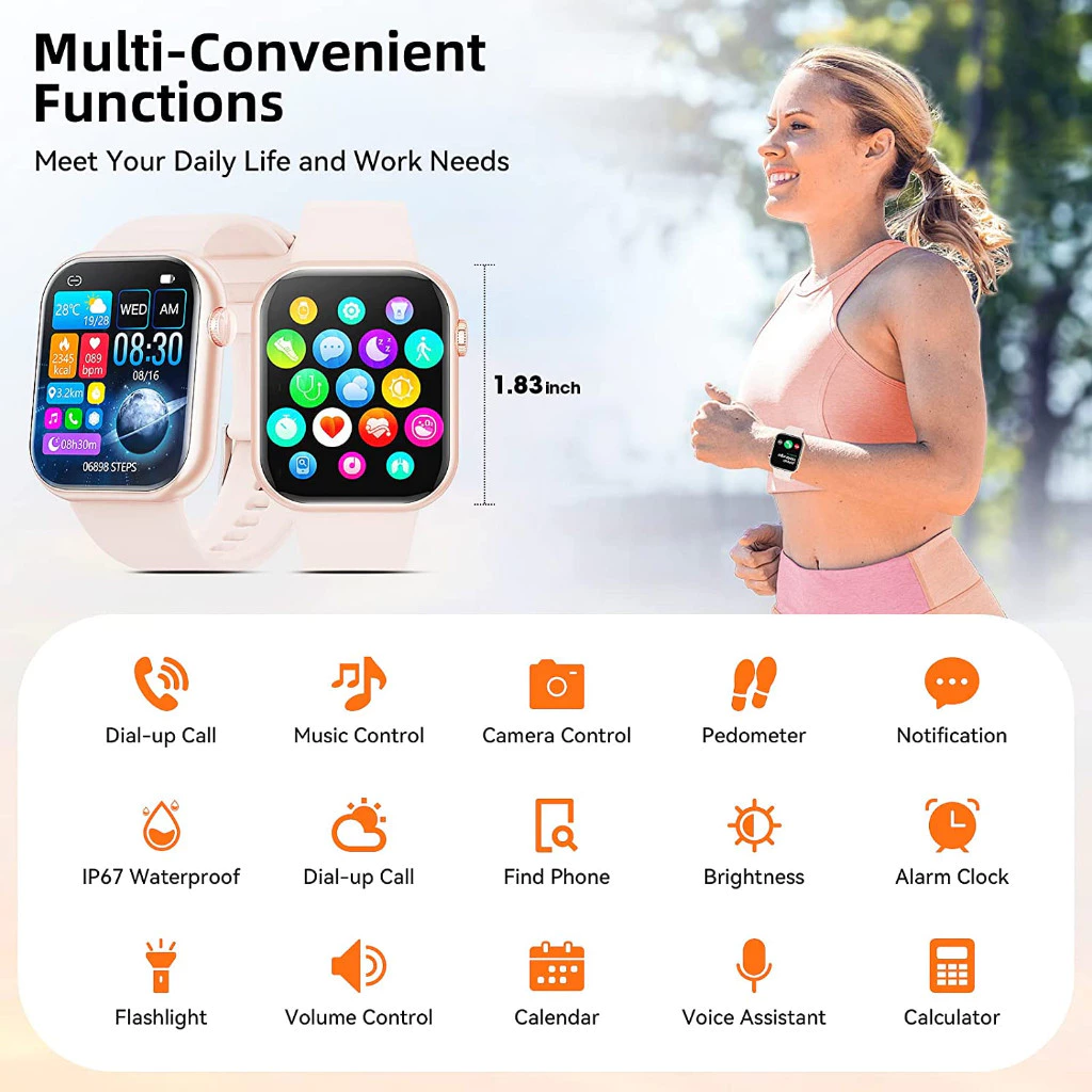 Aolon Foomlite 1.83 นิ้ว สมาร์ทวอทช์ เครื่องติดตามฟิตเนส อัตราการเต้นของหัวใจ/การตรวจจับความดันโลหิต กันน้ำ สมาทวอช