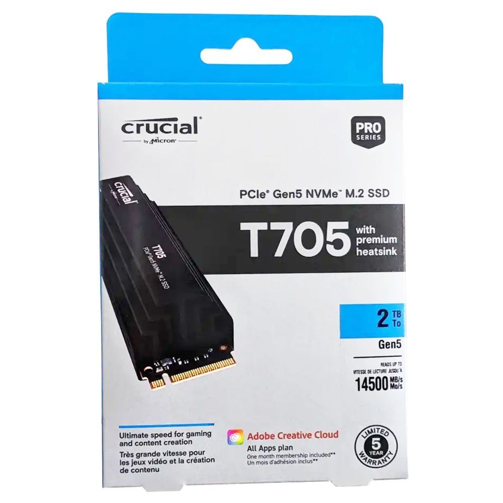 Crucial T705 2TB PCIe Gen5 NVMe M.2 2280 SSD with Black Heatsink