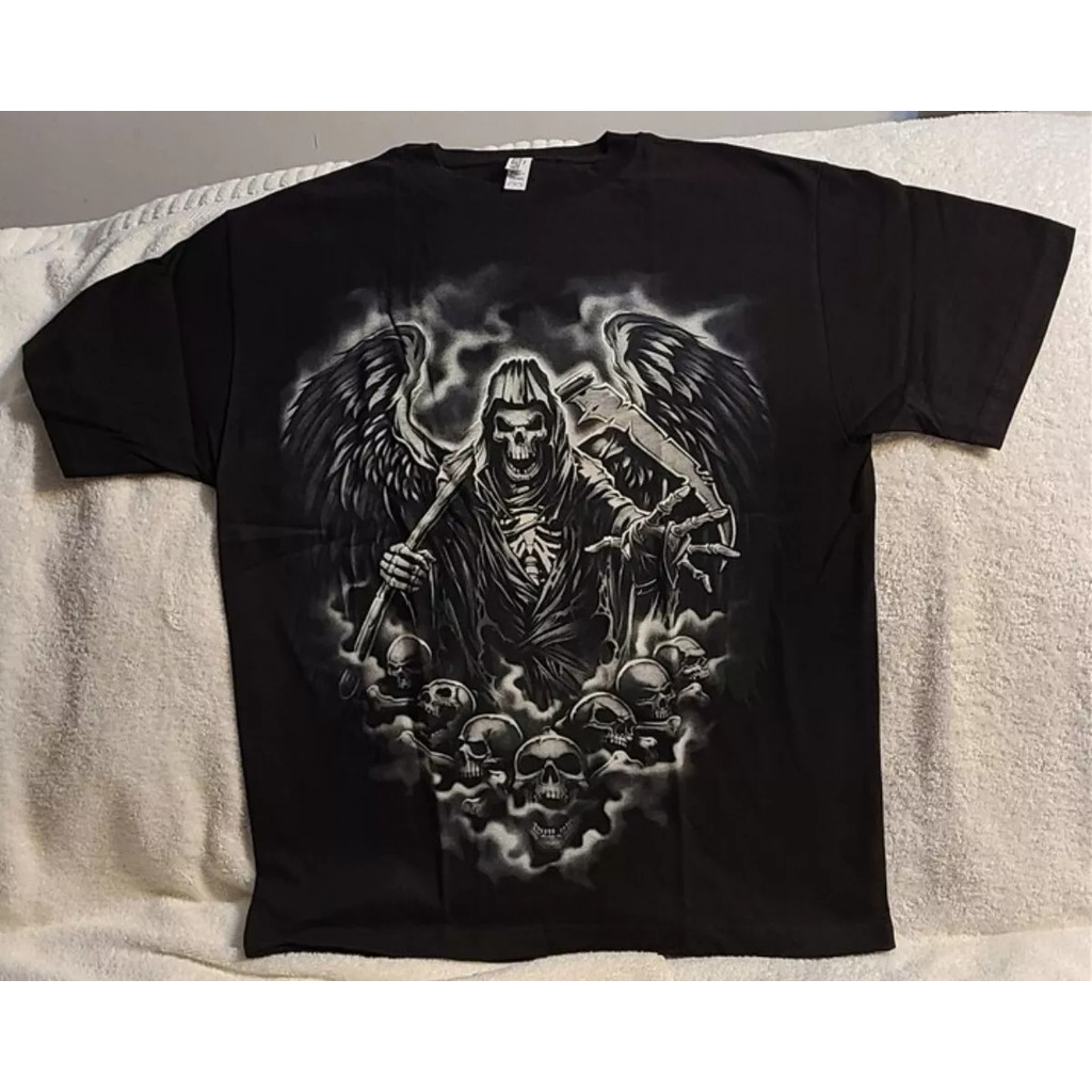 Grim REAPER SKULLS SCYTHE SKELETON ANGEL OF DEATH HORROR เสื้อยืด ...