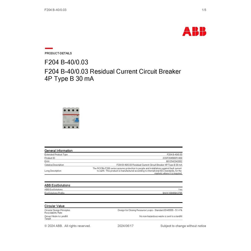 ABB F204 B-40/0.03 กันดูด 4โพล 40แอมป์ Type B RCCB 40A 4P 30mA สำหรับ ...