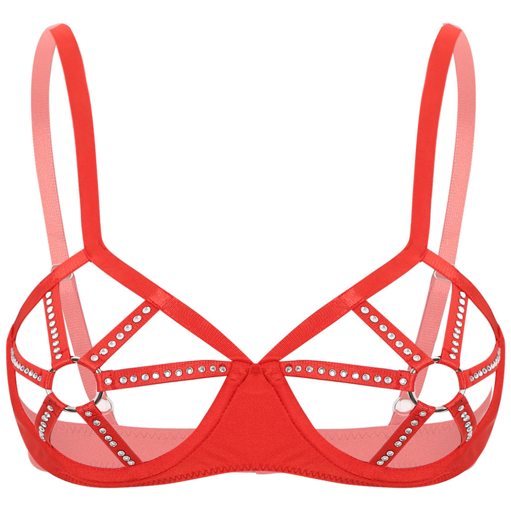 ผู้หญิงดูผ่าน Bra ชุดชั้นในเซ็กซี่ Shiny Rhinestones O-ring Cutout ถ้วย ...