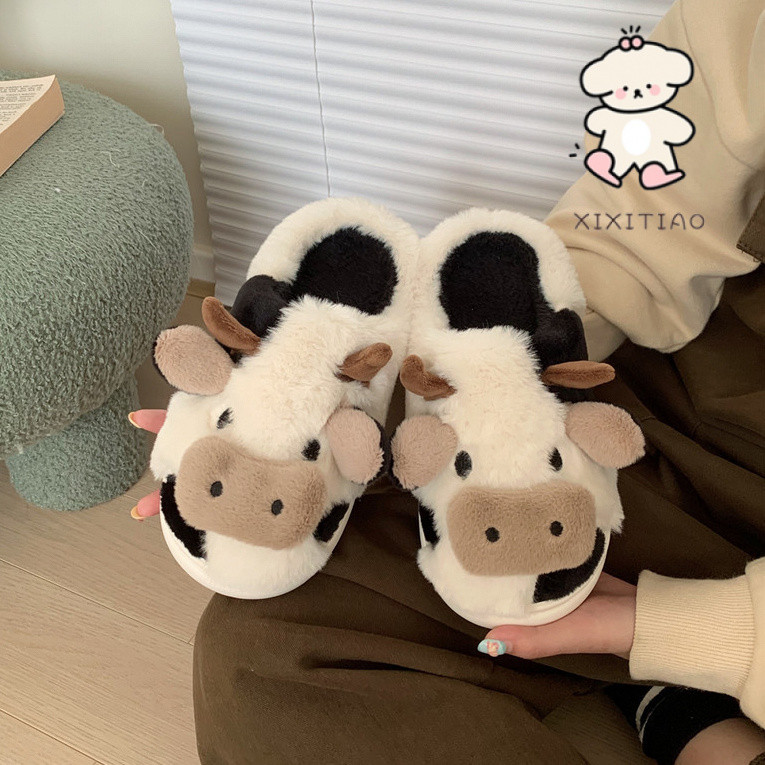 Xixitiao รองเท้าใส่ในบ้าน รองเท้าวัว รองเท้าบ้าน COW slipper นุ่มนิ่ม ผู้ชาย ผู้หญิง รองเท้าเด็ก ลายวัว