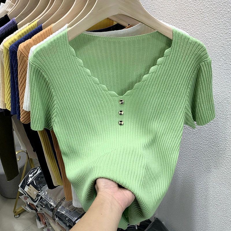 ผ้าไหมน้ําแข็งแขนสั้นเสื้อยืดผู้หญิงสไตล์ใหม่ฤดูร้อนแฟชั่น โวลต์ คอ ...