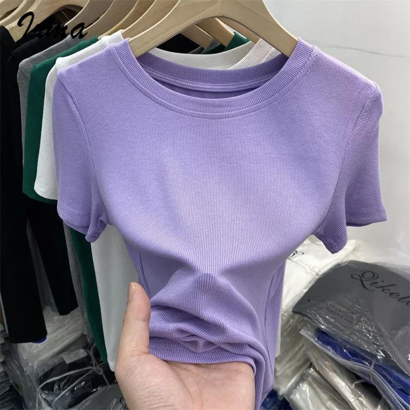 ผ้าไหมน้ำแข็ง เสื้อยืดแขนสั้นใหม่สำหรับผู้หญิง สีพื้น ใช้งานได้หลากหลาย ...