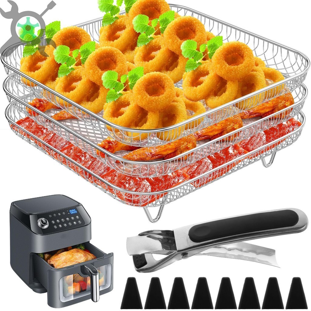 3 ชั้น Air Fryer Rack Square Air Fryer Grill Rack สแตนเลสย่าง ...