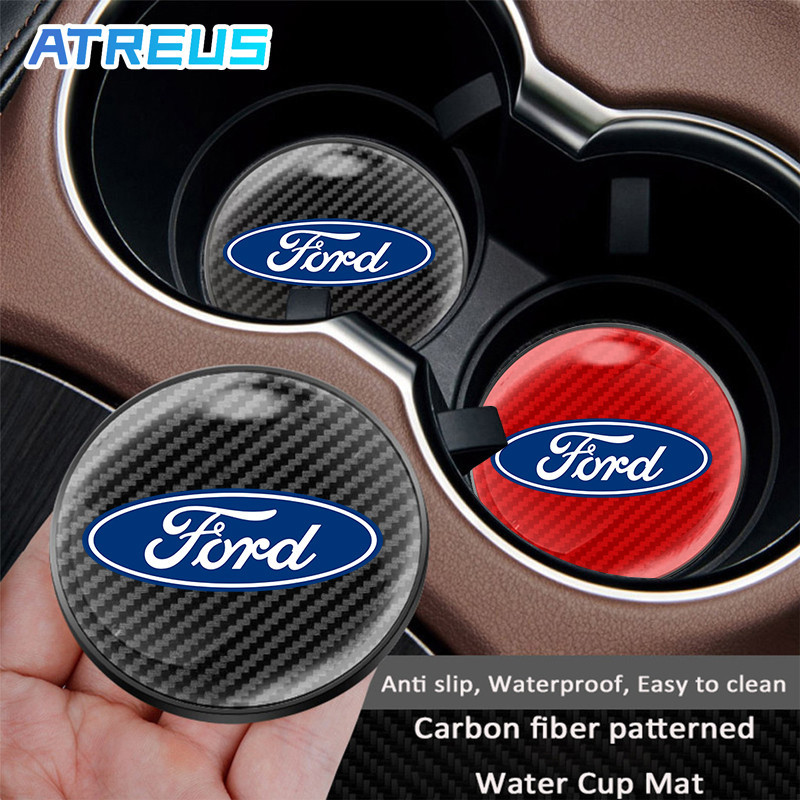 1/2 ชิ้น Ford คาร์บอนไฟเบอร์รูปแบบรถที่วางแก้ว Coaster Pad ถ้วยใส่ลื่น ...