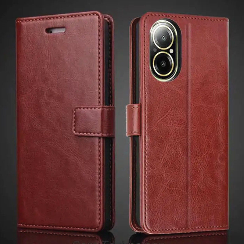 เคสหนังวัวแท้ ฝาพับ พร้อมช่องใส่บัตร ขาตั้ง สไตล์วินเทจ สําหรับ Realme ...