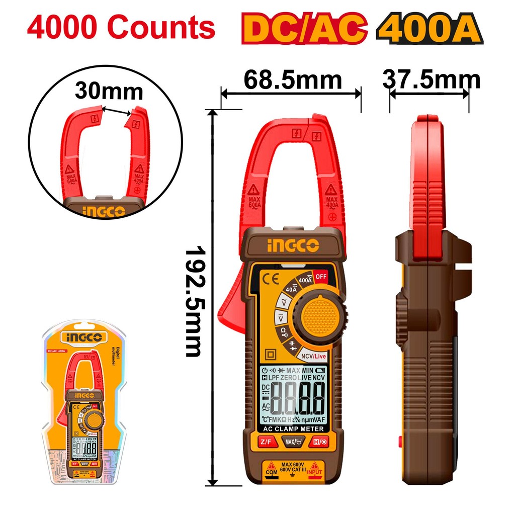 (รุ่นใหม่ ) INGCO ดิจิตอลแคลมป์มิเตอร์ DC/AC 400A รุ่น DCM62002 (AC/DC ...