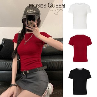 MOSESQUEEN áo thun có nếp gấp ở vai và eo màu trắng tay ngắn cho nữ, slim fit, áo cơ bản ngắn phong cách năng động #62145