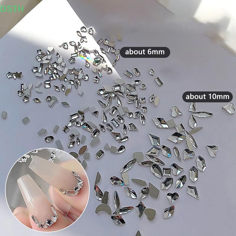 DSTH 50 ชิ้น Mini Rhombus เล็บ Rhinestones ด้านล่างแบนเล็บคริสตัลอัญมณี ...