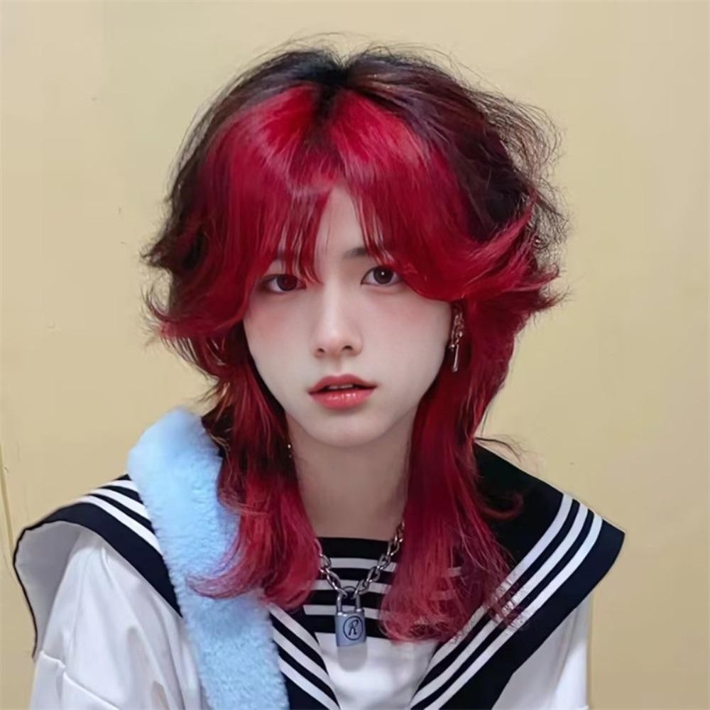 Qeary วิกผมยาวคอสเพลย์, ไฮไลท์สีแดงหยิก Mullet หัววิกผมกับ Bangs, Wolf ...